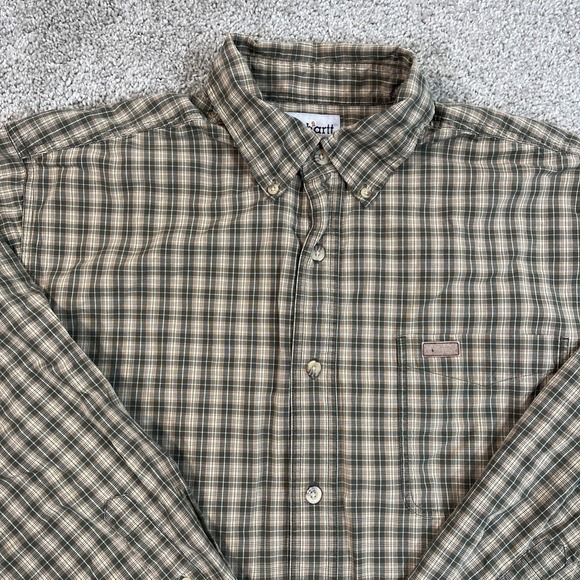 Carhartt Plaid Button Up Shirt Men's‎ L Green Tan Cotton pocket Workwear Durable - Picture 3 of 10